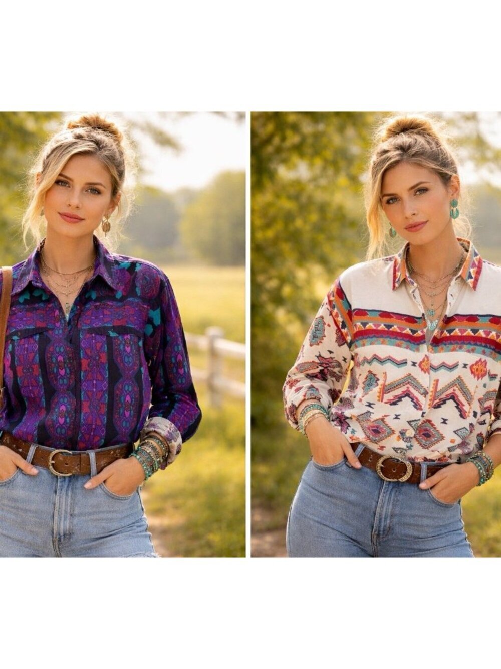 ADOBE ROSE Vtg Button Shirt Western Rodeo Aztec Rockabilly Chic Lot Of 2 LARGE